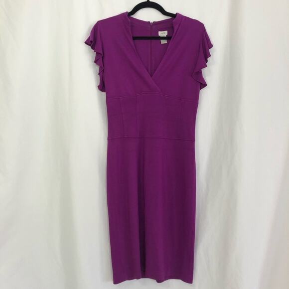 Cache Vintage Purple Sheath Dress Flutter Sleeve Womens 6 V Neck Knee Length - Picture 1 of 6